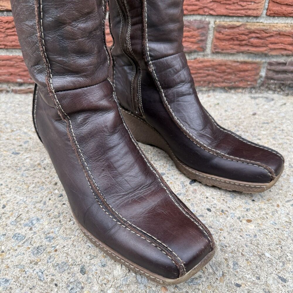 Vintage Brown Leather Wedge Boots Womens IT 39 US 8.5 Knee High Square Toe Y2K - Picture 2 of 15